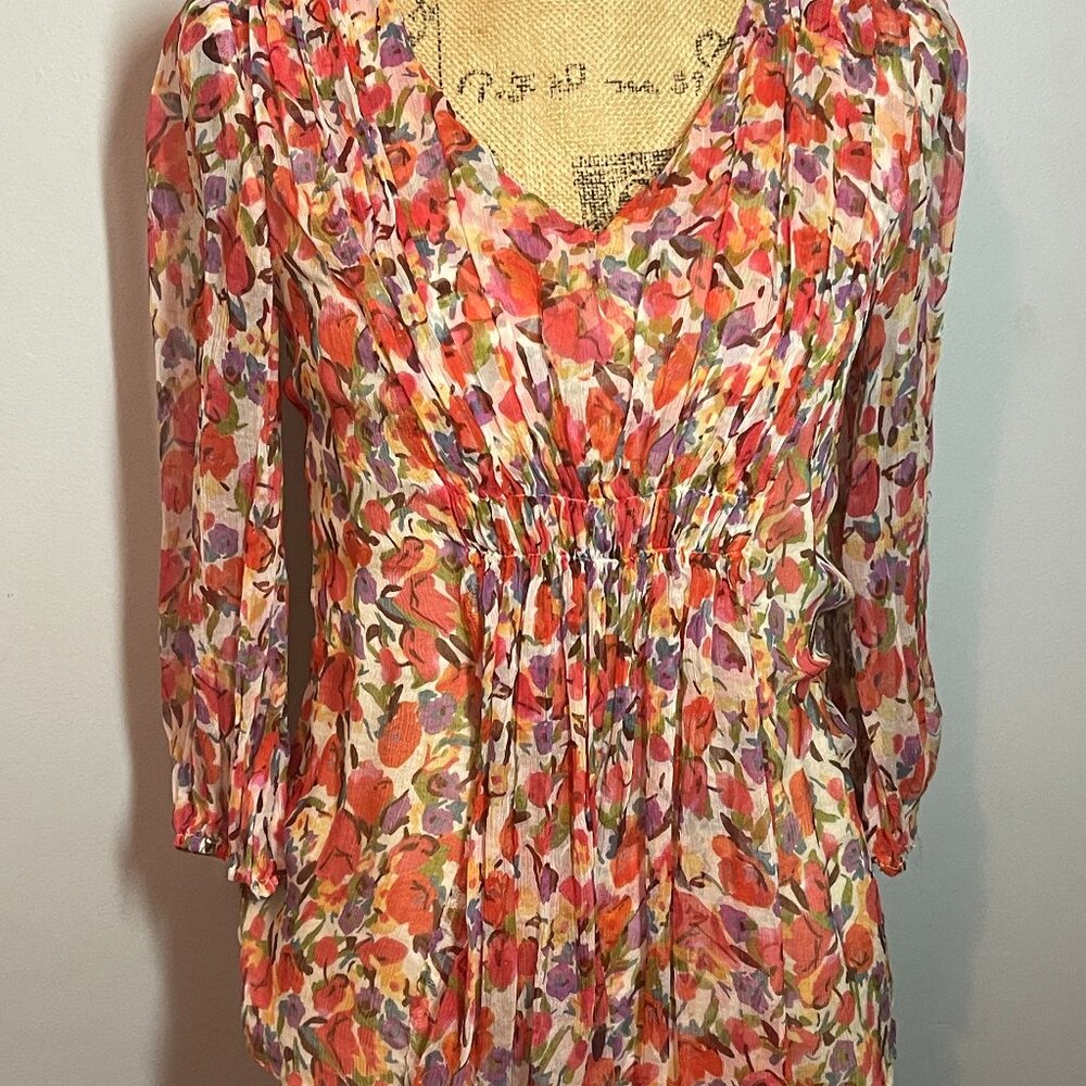 🌸 Sundance 100% Silk Floral Blouse – XS – Boho Romantic Tunic Top